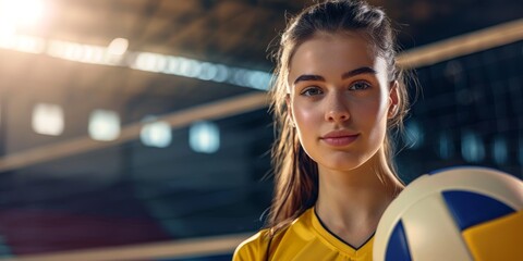 A determined woman stands confidently in front of a volleyball net, preparing to spike the ball over the net during a game. - obrazy, fototapety, plakaty