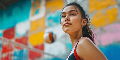A determined woman stands confidently in front of a volleyball net, preparing to spike the ball over the net during a game. - obrazy, fototapety, plakaty