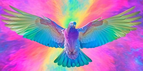A colorful majestic bird soars through the air, wings outstretched and feathers glistening in the sunlight.