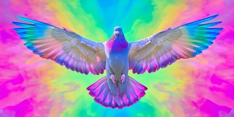 A colorful majestic bird soars through the air, wings outstretched and feathers glistening in the sunlight. - obrazy, fototapety, plakaty