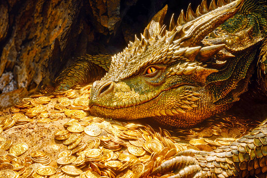 Dragon with a hoard of gold coins, mythology, Beowulf, Fafnir