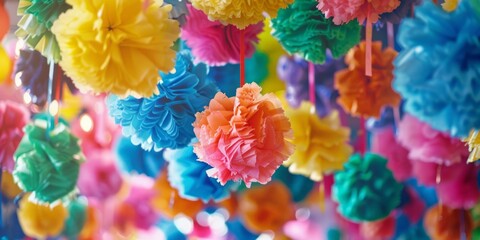 Vibrant party decorations including hats, banners, and pom-poms for a lively birthday celebration.