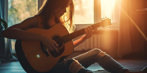 A woman with long flowing hair sits on the floor, strumming a guitar with intense focus and passion.