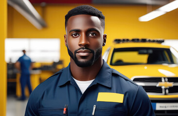 Technician dark-skinned male auto mechanic dressed in white t-shirt and overalls. The man is standing in a modern car service center, garage, service station. The interior of the service in a blur