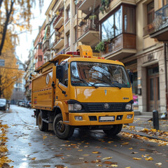 Fototapeta na wymiar Sunny Yellow Efficient Street Sweeper: Brightening Streets