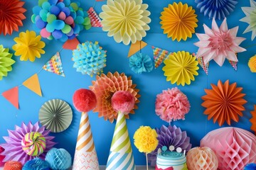 Lively birthday party ambiance with vibrant party decorations, including hats, banners, and pom-poms. - obrazy, fototapety, plakaty