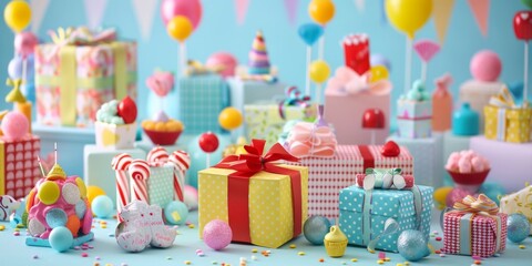 birthday party favors, showcasing small gifts such as toys, candies