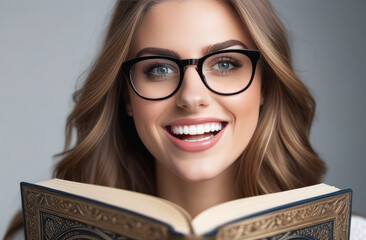 Portrait of a young beautiful student, a woman with long hair with glasses in close-up smiling widely and looking at the camera. Holding a book in her hands, looking out from behind the book. Portrait