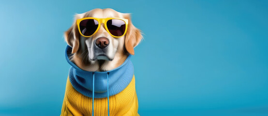 Ultra Trendy golden retriever wearing sunglasses yellow, dog wearing yellow sweater with blue collar, puppy looking at camera, on plain blue background. Advertising concept, business banner. Copy