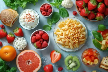 Poster Food products lie on the table in a plate and nearby: pasta, fruits and berries, citrus fruits, a bun with jam, cottage cheese, cookies and herbs. The concept of varied nutrition, vegetarianism © ArtMajestic