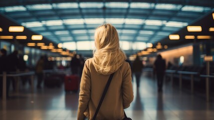 Young girl woman travel walking in international airport terminal wallpaper background