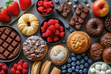 Sweet food: cakes, brownies and cookies on the table with chocolate, strawberry, raspberry and...