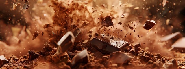 A closeup shot of a chocolate bar being smashed into a pile of cocoa powder, a key ingredient in many baked goods and desserts - obrazy, fototapety, plakaty