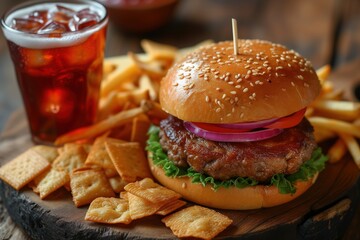 A large hamburger with a juicy patty, lettuce, and onions served with soda in a glass full of ice, French fries and saltine crackers. Fast food concept