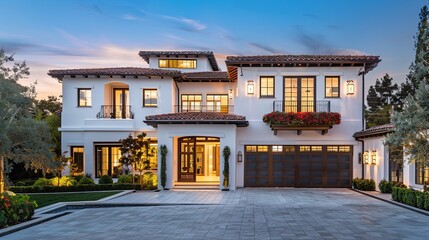 A high-resolution photograph captures the essence of modern luxury as twilight envelops a two-story house. The structure boasts white stucco walls that gleam under the evening sky, contrasted by dark 