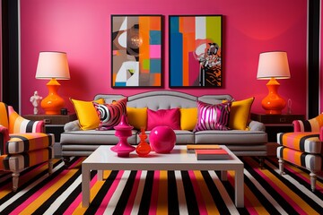 Vibrant Pop Art Living Room Decor: Bold Stripes & Statement Furniture Mix