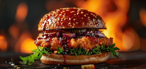 Delicious spicy fried chicken burger with burning fire on dark background