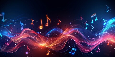 Colorful music notes flying through the air. Brightly colored music notes soar through the air in a...