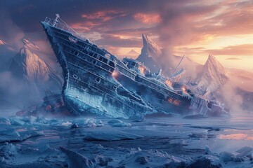 Ice shipwrecks frozen in time lava lakes burn - obrazy, fototapety, plakaty
