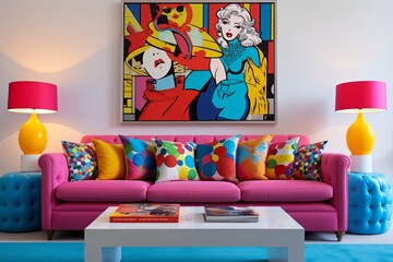 Vibrant Pop Art Living Room Decor: Cartoon Cushions & Playful Atmosphere