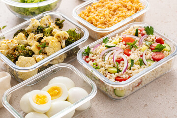 Healthy vegetarian meal prep with boiled eggs, roasted vegetables, cooked lentils, couscous salad and nuts - 755239386