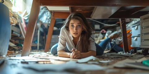 A woman is sitting on the floor of a cluttered and disorganized room. Scared hiding under table during earthquake - obrazy, fototapety, plakaty