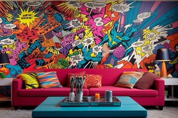 Vibrant Pop Art Living Room Decor: Comic Strip Wallpaper Fun Backdrop