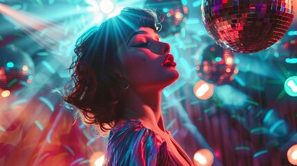 Woman dance on retro disco party wallpaper background - obrazy, fototapety, plakaty