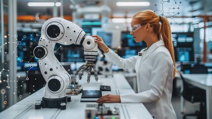 Female Engineer Programming Robotic Arm in Laboratory
