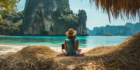 A visitor sits on the shore, admiring the towering limestone cliffs and clear turquoise waters of...