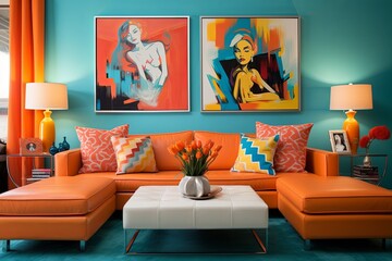 Vibrant Pop Art Living Room Decor: Turquoise and Orange Lively Contrast
