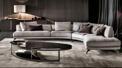 Elegant modern living room with a plush sectional sofa oval coffee table dark wood flooring and sophisticated decor