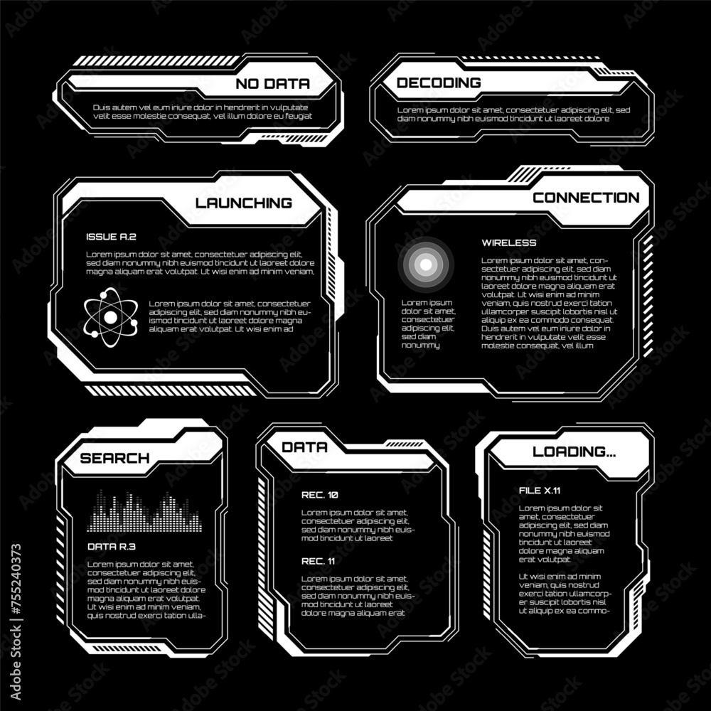 Poster white futuristic hud, ui elements. sci-fi user interface text boxes, callouts. warning message frame