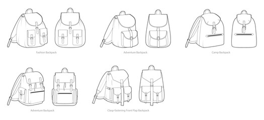Set of Front Top Flap backpacks Adventure Camp silhouette bag. Fashion accessory technical illustration. Vector schoolbag front 3-4 view for Men, women, unisex style, flat handbag CAD mockup isolated