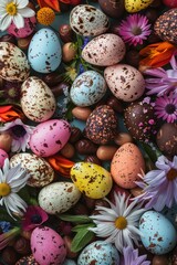 Obraz premium Festive and Flavorful: An Assortment of Artisanal Easter Egg Chocolates Amidst a Garden of Spring Blossoms