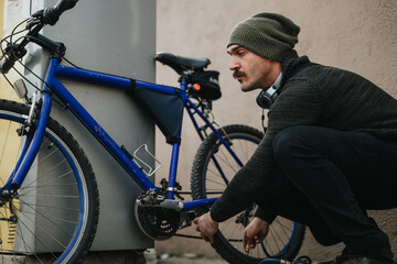 Focused man in casual attire with a beanie adjusts his mountain bike tire before a city ride, with headphones around his neck