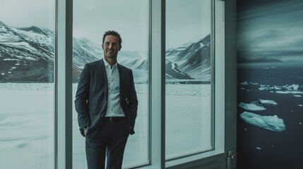 Polar Office Elegance: The image captures the elegance of a cheerful businessman standing by a window, embracing the Arctic backdrop, symbolizing a balance between business and nature.