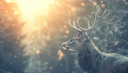 A deer with frosty antlers stands in a snowy forest, bathed in the warm glow of the morning sun - obrazy, fototapety, plakaty