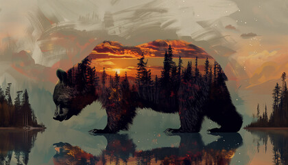 A bear is superimposed over a serene lake and forest at sunset, creating a captivating double-exposure effect - obrazy, fototapety, plakaty