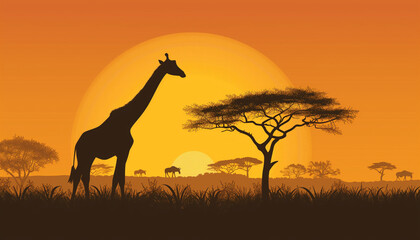 A giraffe stands in silhouette against the backdrop of a vibrant orange sunset in the African savannah