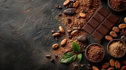 Composition of bars and pieces of different milk and dark chocolate, grated cocoa - 755240902