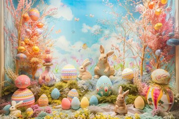 Fototapeta na wymiar Easter Extravaganza: A Vibrant Display of Easter Eggs and Bunnies Capturing the Essence of Spring