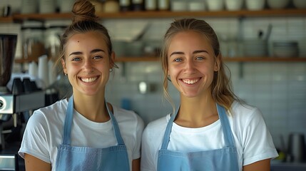 2 Happy worker or barista wearing blue apron,  partner or part timer  - obrazy, fototapety, plakaty