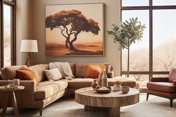Earthy Vibes: Warm Toned Living Room Decor with Nature-Inspired Art and Large Windows