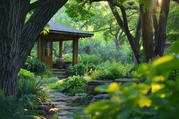 Calm ambiance of nature's hues in an organic landscape with lush greens and earthy tones.