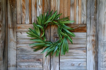 The Essence of Spring Renewal: An Elegant Wreath of Palm Leaves Decorating a Charming Wooden Door