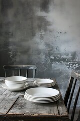 white plates and dishes on the table, vintage, Nordic style, gray walls