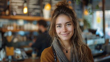Happy women model in a coffee shop area