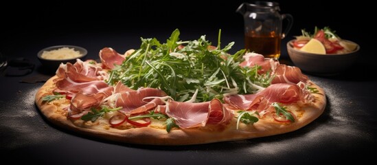 A delicious pizza topped with meat and vegetables is displayed on a table. The ingredients,...