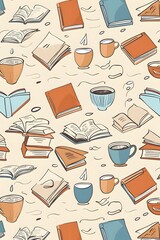 Books, leaves and coffee pattern seamless graphic design vector illustration, soft brush strokes with warm colors	